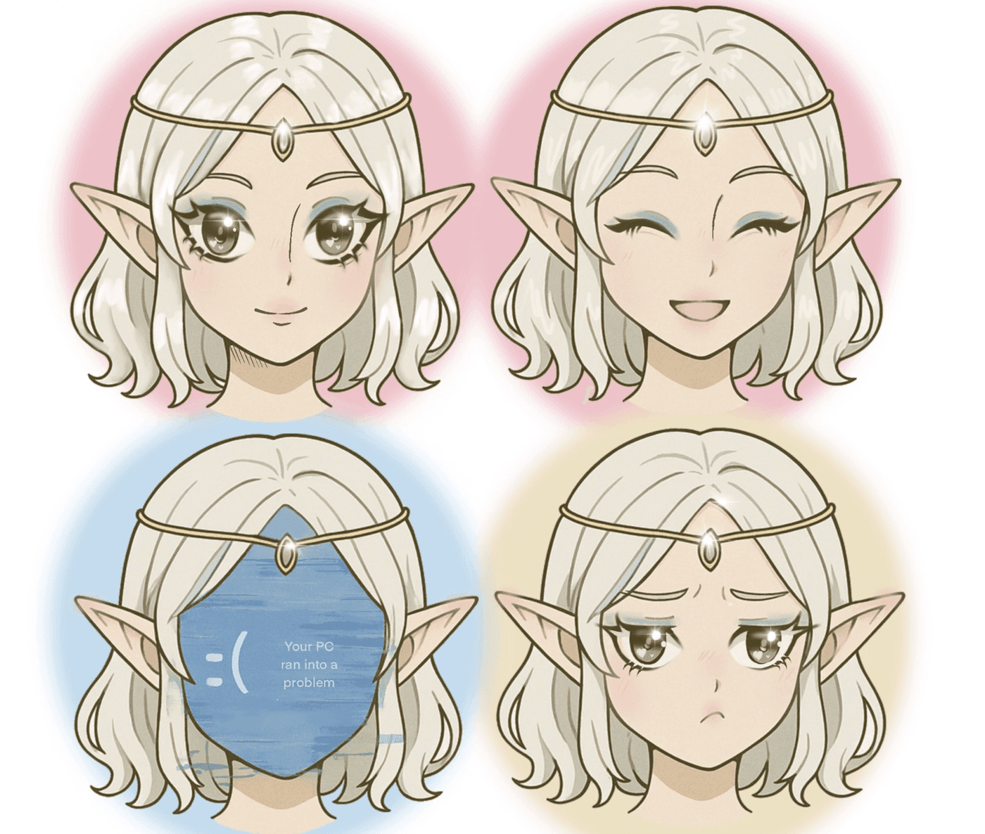 Expression sheet: Akiko smiling, winking mid-laugh, sad, and with a blue-screen error covering her face