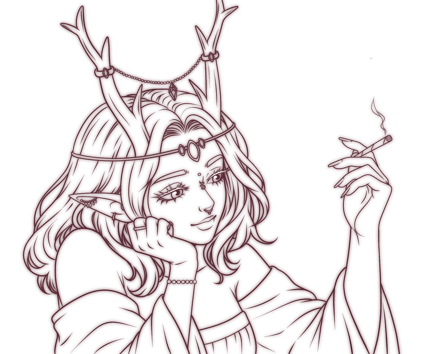 Uncoloured lineart of Akiko resting her chin on one fist, antlers strung with beads, a cigarette in her other hand