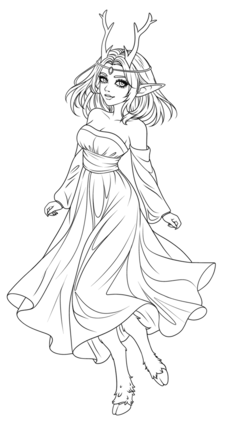 Uncoloured lineart of Akiko drifting in a flowing gown, antlers and hooved legs