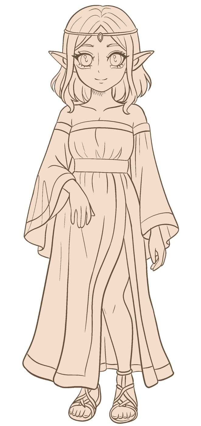 Sepia lineart of Akiko standing in a long belted robe and sandals