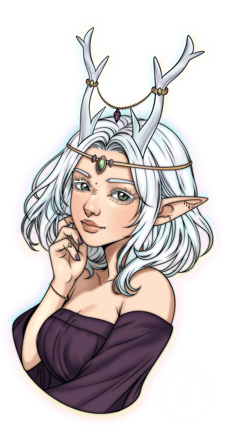 Akiko in colour: white hair, antlers strung with a beaded circlet, one hand raised, ringed by a rainbow glow