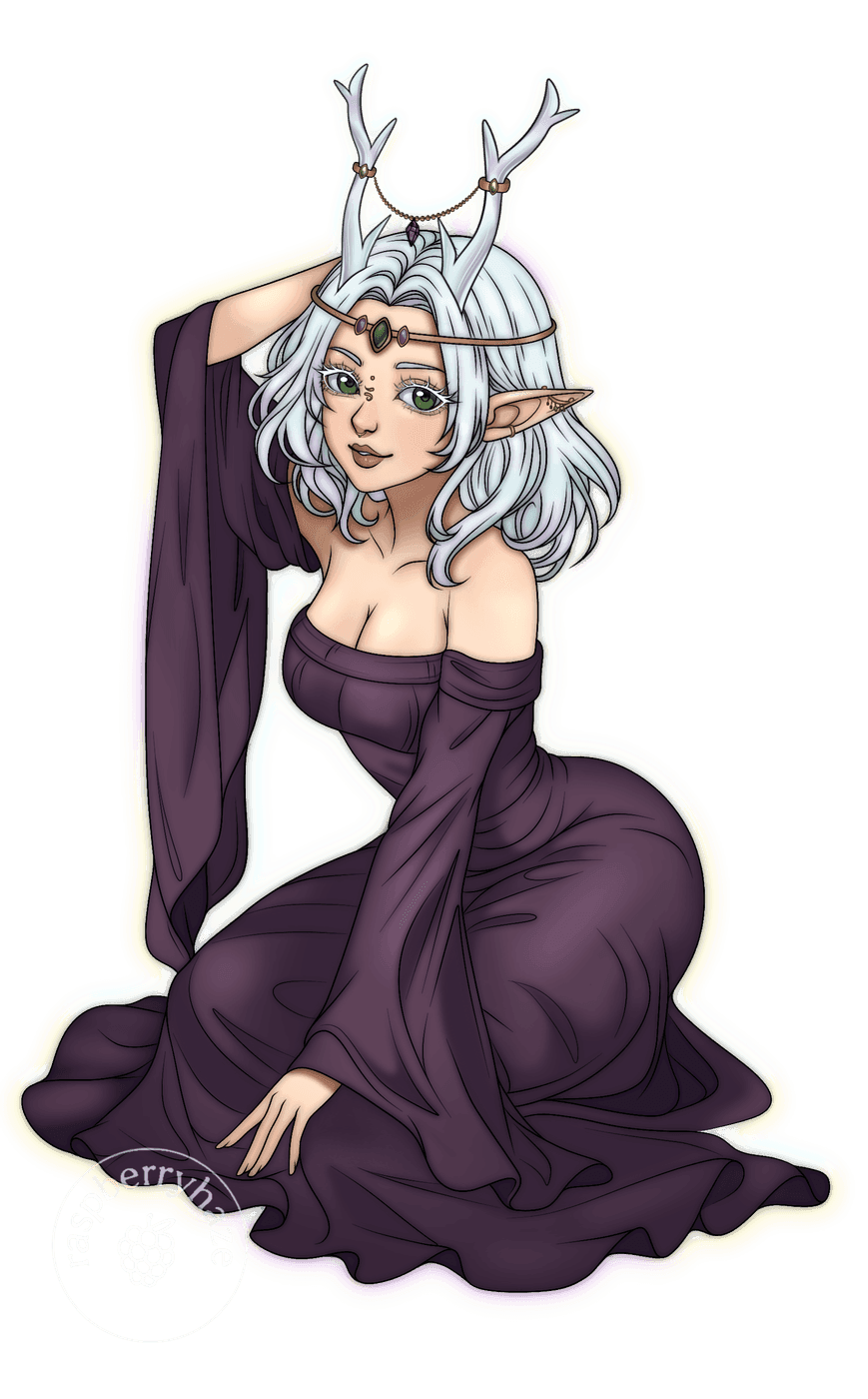 Akiko seated in a long plum dress, one arm raised behind her head, outlined in a soft rainbow glow