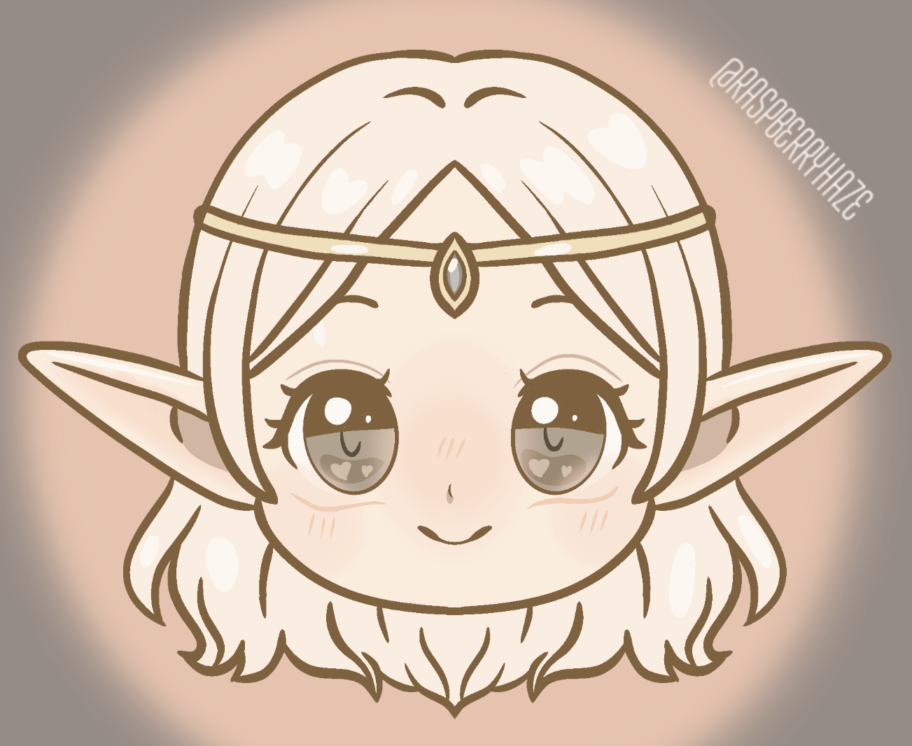 Animated chibi Akiko: a round blushing face with long ears and a jewelled circlet